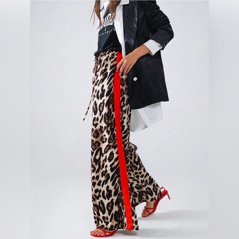 Leopard Print Wide Leg Palazzo Pants with Red Side Stripe | Elastic Waist - Picture 2 of 6